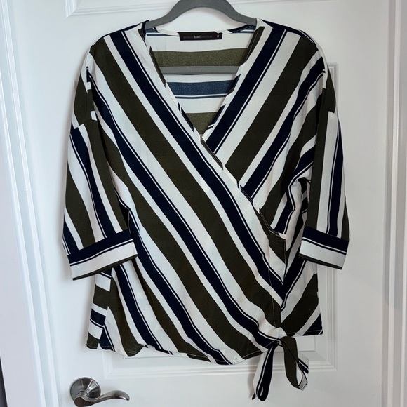Hazel Striped V-Neck Blouse - Olive, Navy, White - Picture 1 of 2